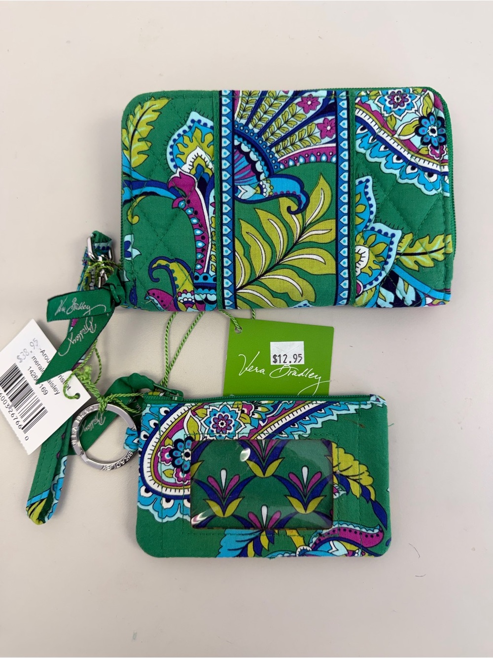NWT Vera Bradley Emerald Paisley Quilted Wallet & ID Case Set